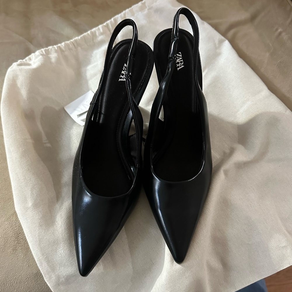 Zara Slingback Wedge Heels Black NWT East - Picture 7 of 10